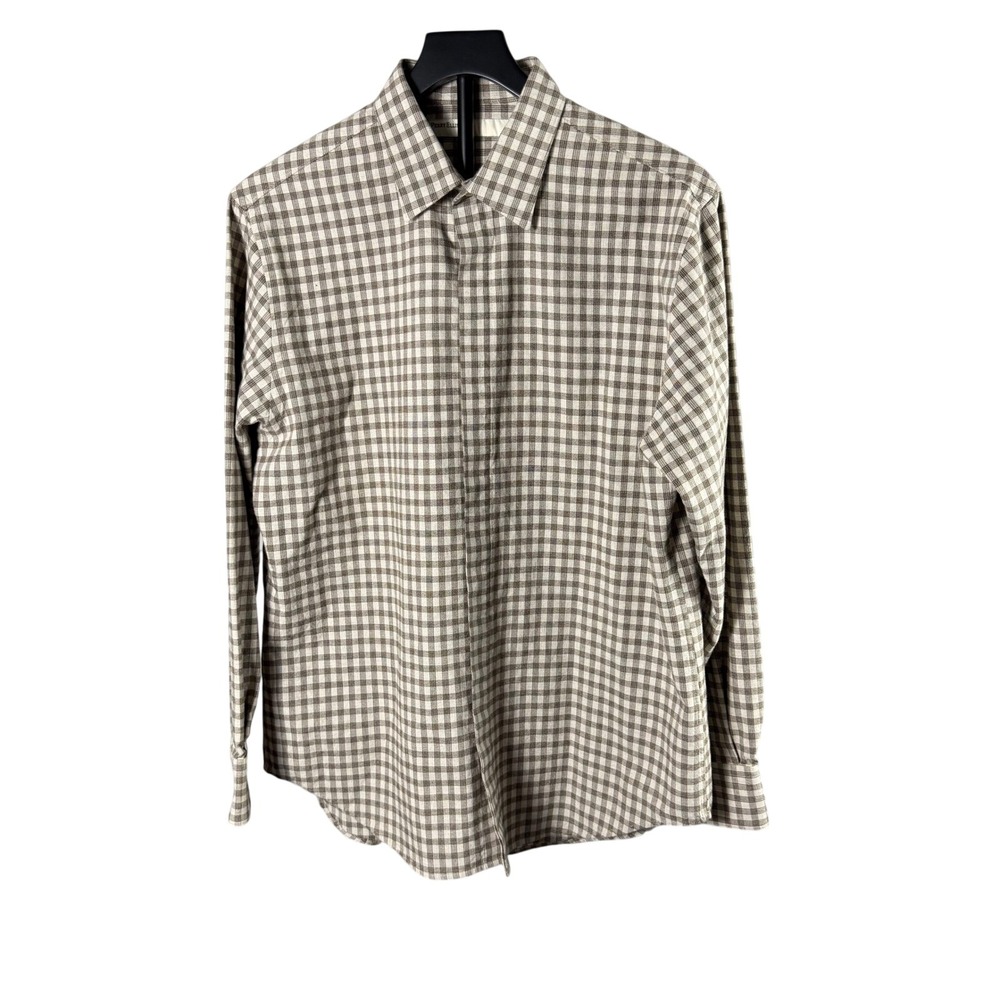 Perry Ellis Mens Brown Gingham Cotton Cashmere Blend Button Down Shirt Large